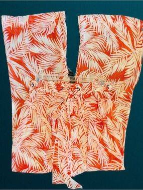 London Jean Coral and White Palm Leaf Wide-Leg Beach Pants Sz 16